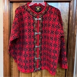 Lambswool Sweater Volund‎ Norwegian LS Cardigan Jumper  VTG Sz S Red Black EUC